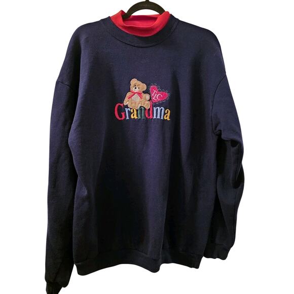 VTG Embroidered Grandma Teddy Bear Double Collar Sweatshirt Women's XL TLC Blue - Picture 1 of 8